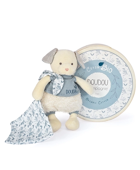 Set cadou doudou - cățeluș de pluș cu păturică din bumbac organic