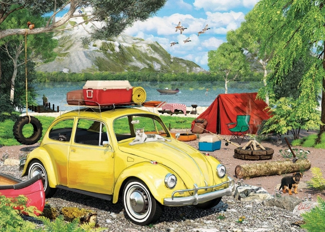 Puzzle Eurographics în cutie metalică cu Volkswagen Beetle la camping - 550 de piese