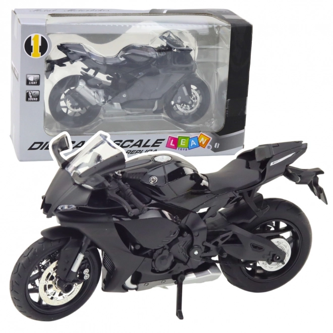 Model motocicletă sport negru cu elemente metalice 1:12