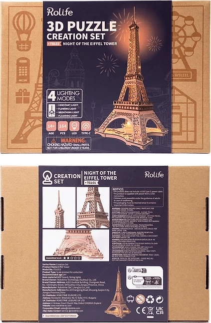 Puzzle 3D din lemn Noaptea Turnului Eiffel, luminoase