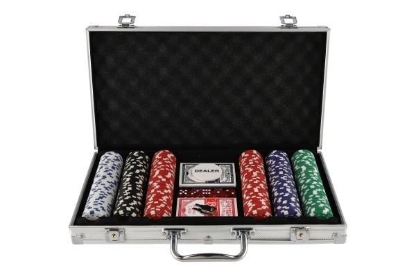 Set poker 300 bucăți cu cărți și zaruri în servietă de aluminiu