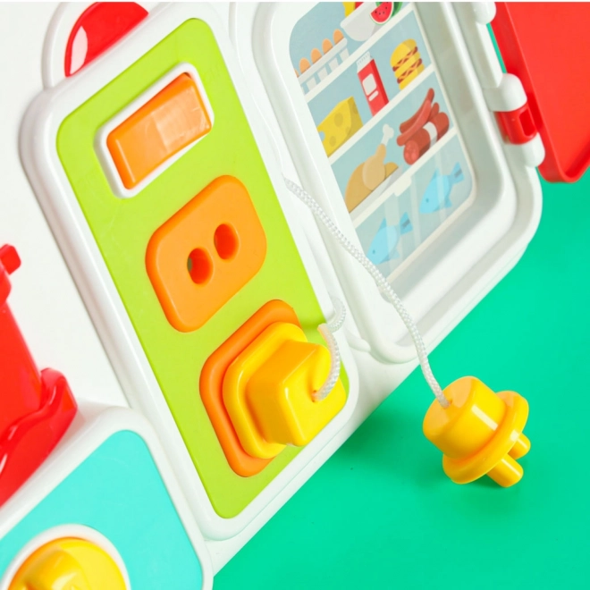 Tablă de manipulare Montessori cu elemente de bucătărie și ceas de învățare