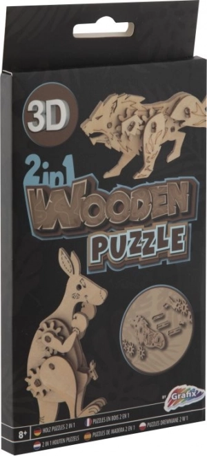 Puzzle 3D din Lemn 2 în 1 Cangur și Leu