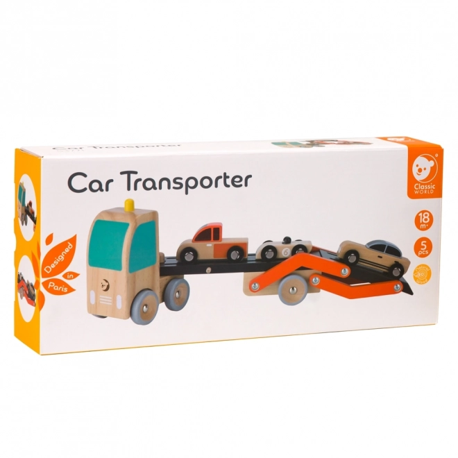 Platformă auto din lemn cu 3 mașinuțe