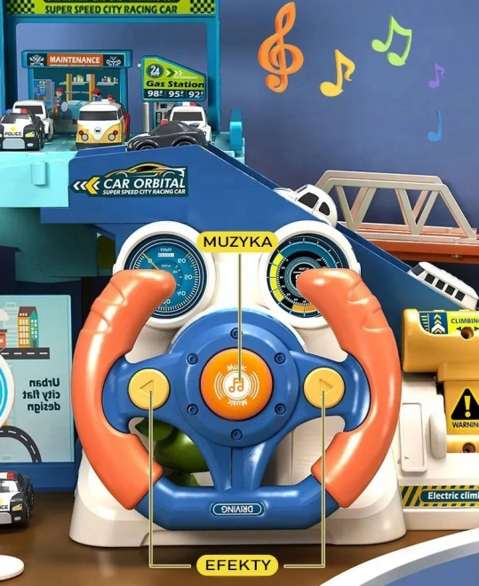 Garaj de jucărie cu volan interactiv și 4 mașini
