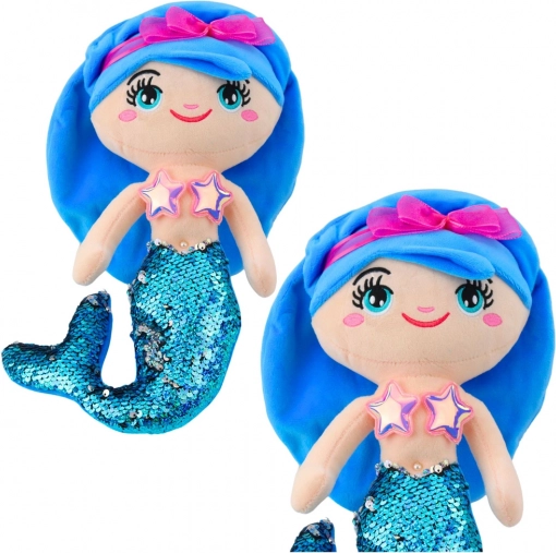 Sirena moale cu coadă de paiete albastră 30 cm