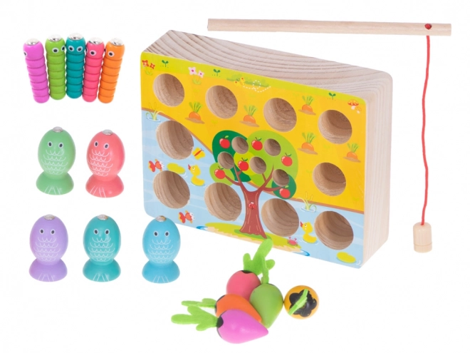 Joc magnetic Montessori pescuit de peștișori și insecte, morcovi de lemn