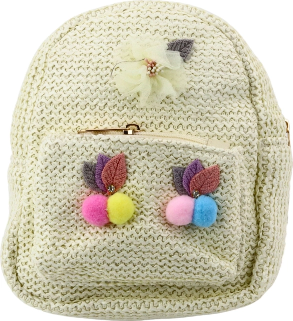 Rucsac copii crem cu broderie și pompoane colorate