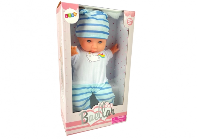 Lalușă băiețel cu pijama albastră cu dungi 30 cm