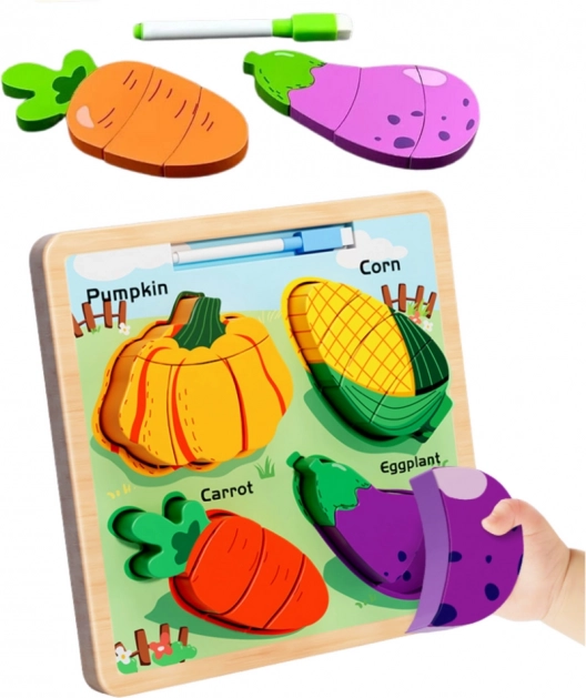 Puzzle educativ din lemn cu legume și tablă de desenat
