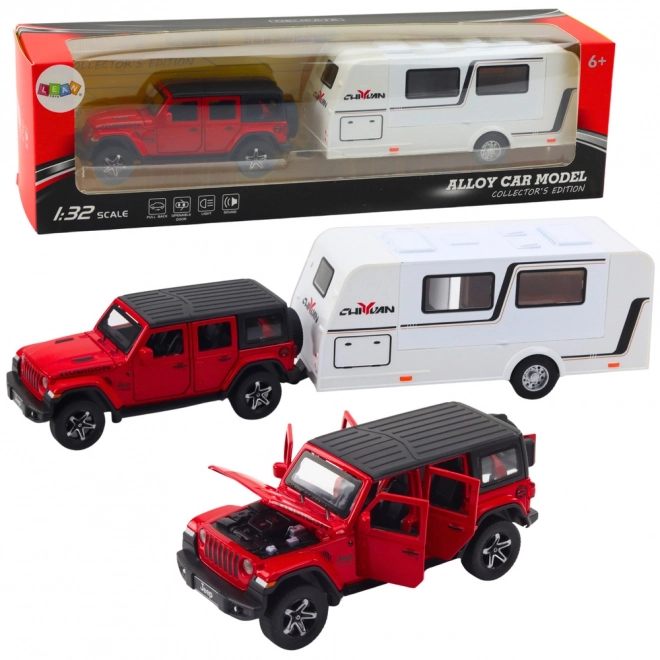 Set mașină off-road cu rulota de metal, efecte de lumină și sunet, roșu, scara 1:32