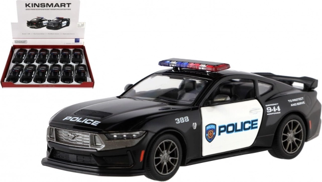 model metalic de mașină Ford Mustang Dark Horse Police 2024 1:38 cu mecanism pull-back, 13 cm