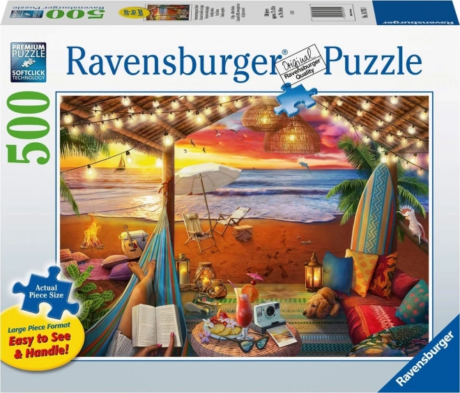 Puzzle Ravensburger locuri primitoare: cabana pe plajă XXL 500 piese