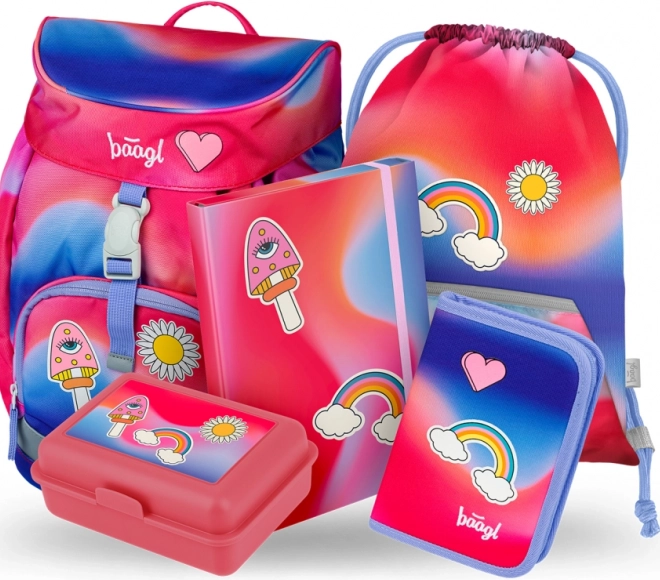 Set școlar Airy Duha roșu: Rucsac, penar, săculeț, dosare, cutie
