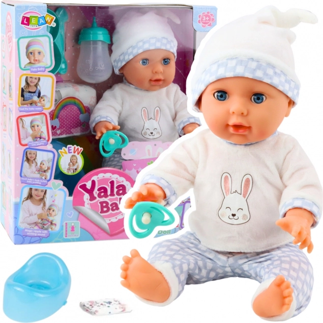 Păpușă bebeluș care face pipi cu accesorii și sunete