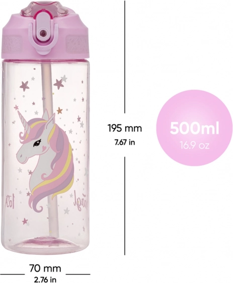 Sticlă de băut Tritan cu pai Unicornul Curcubeu 500 ml