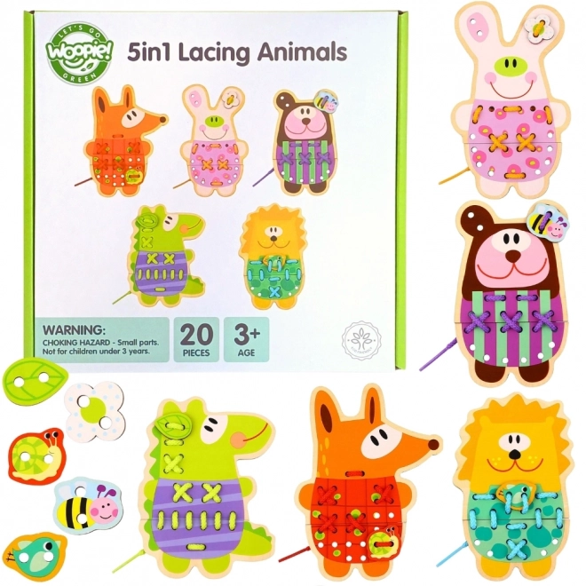 Set din lemn pentru împletit 5 în 1 animale de la Woopie Green