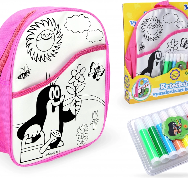 Rucsac de colorat Roz cu Cârtița, 30 cm și 8 markere
