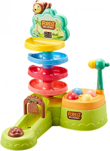 Pista cu bile Interactivă Tobogan Sensorial Catapultă cu Ciocănel