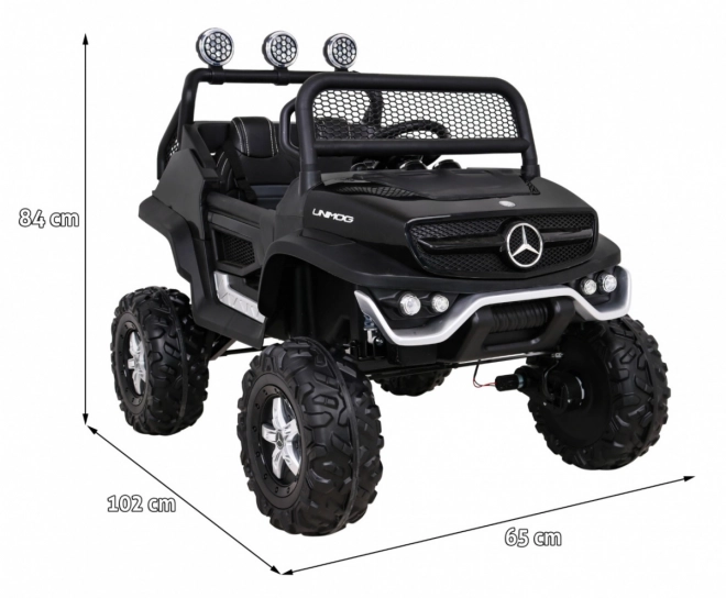 Mercedes Benz Unimog pentru copii negru + tracțiune 4x4 + telecomandă + spațiu pentru bagaje + pornire lentă + MP3 LED