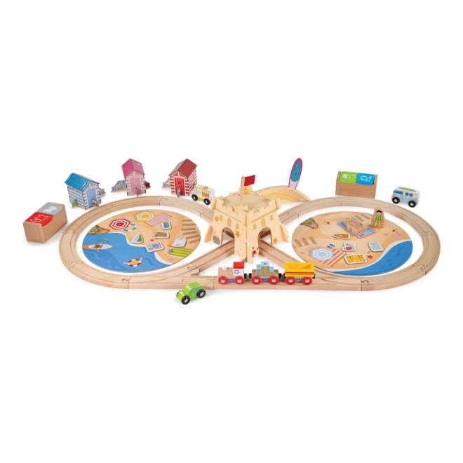 trenuleț de lemn bigjigs rail set aventură pe coastă 70 de piese