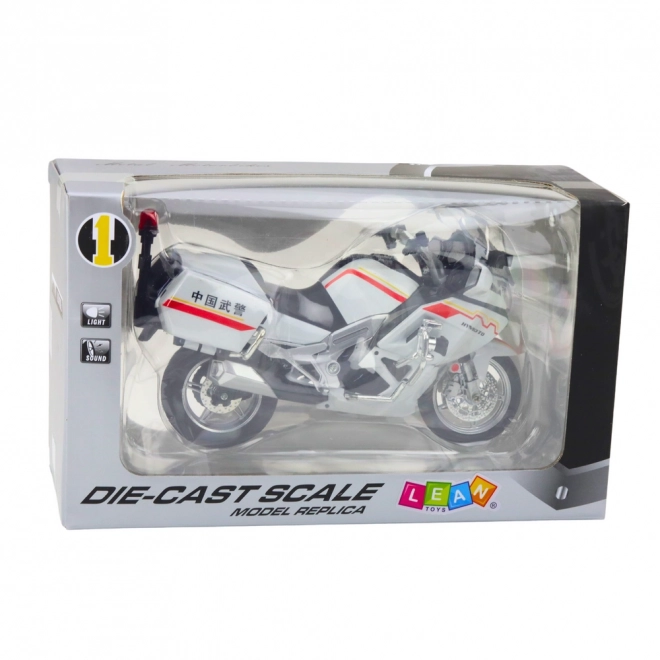 Motocicletă din metal cu lumini și sunete, albă cu dungi roșii și galbene 1:12