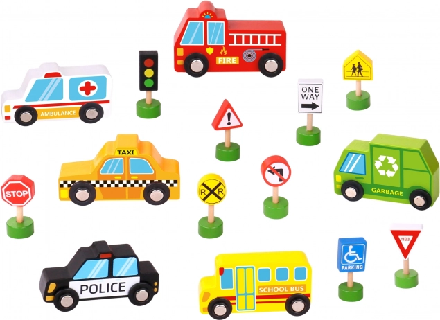 Set de vehicule și indicatoare rutiere din lemn Woopie Green