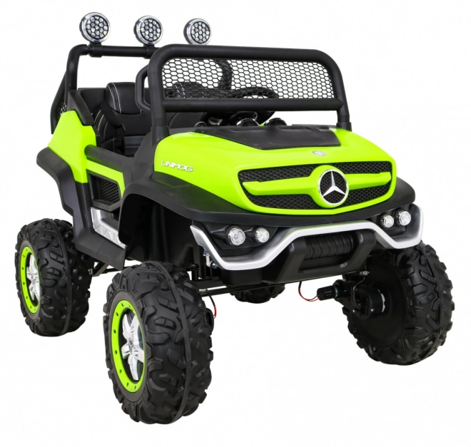 Mercedes Benz Unimog pentru copii Verde + tracțiune 4x4 + telecomandă + spațiu pentru bagaje + pornire lentă + MP3 LED
