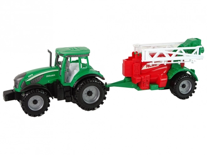 Tractor verde cu pulverizator roșu-verde cu tracțiune prin frecare