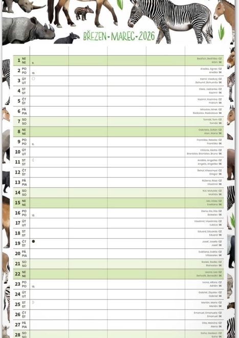Calendar de perete Planificator de familie 2026 cu ilustrații Animalium