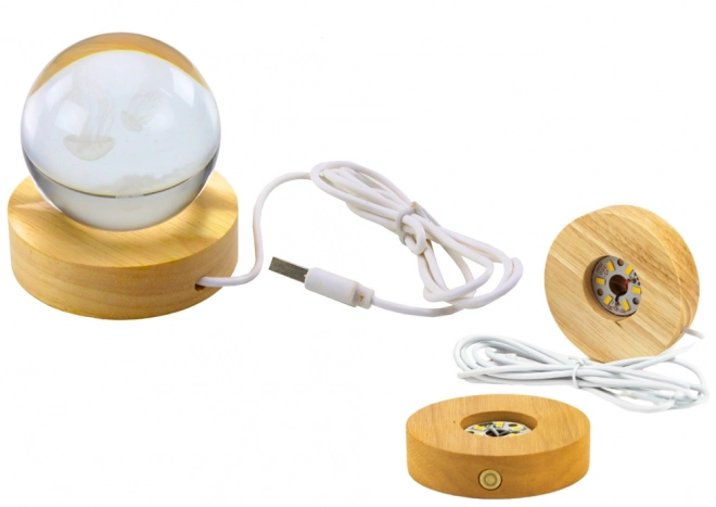 Lampă Meduză 3D cu cristal luminos și bază din lemn