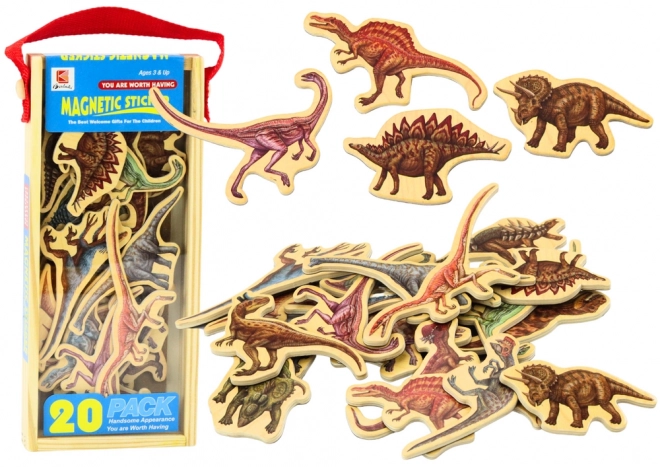 Magneti din lemn Dinosauri set 20 bucăți colorate