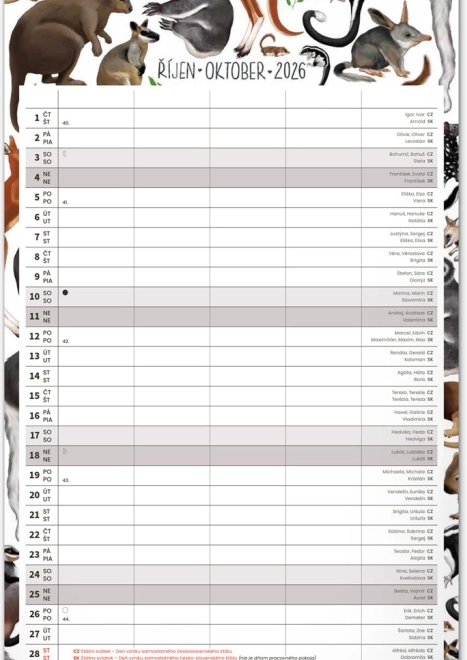 Calendar de perete Planificator de familie 2026 cu ilustrații Animalium