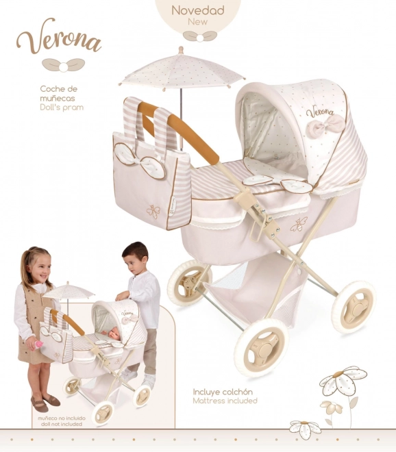 Cărucior pliabil pentru păpuși cu umbrelă și geantă Verona 60 cm