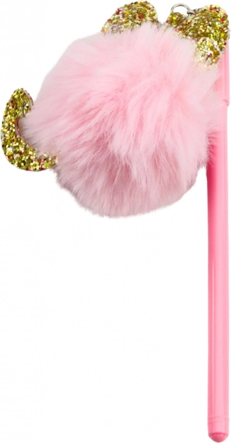 Pix cu gel cu pompon roz, cerneală albastră, 17 cm, 0,5 mm