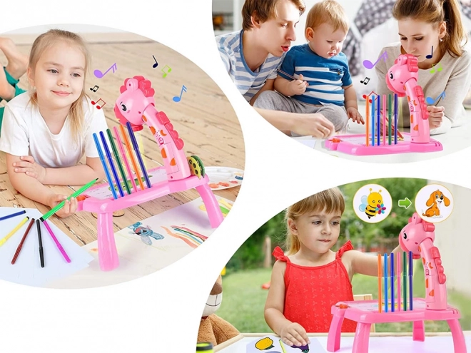Proiector girafa pentru copii cu 12 carioci – Roz
