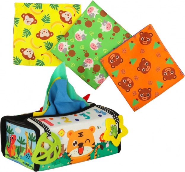 Jucărie senzorială Montessori cu batiste și covoraș 2în1