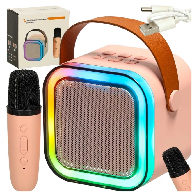 Set karaoke cu microfoane și boxă Bluetooth USB LED roz