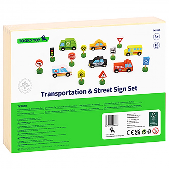 Set din lemn de vehicule și indicatoare rutiere Tooky Toy
