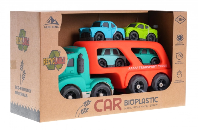 Camion platformă cu 4 mașini BIOplastik pentru copii 18m+