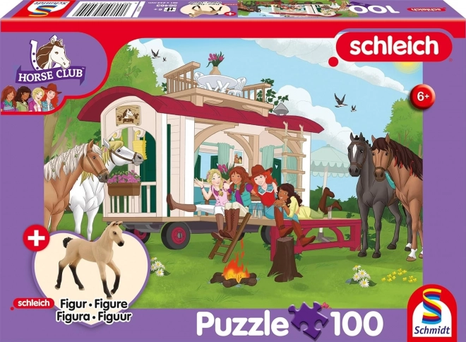 Puzzle schleich la foc de tabără cu caravana 100 piese și figurina schleich