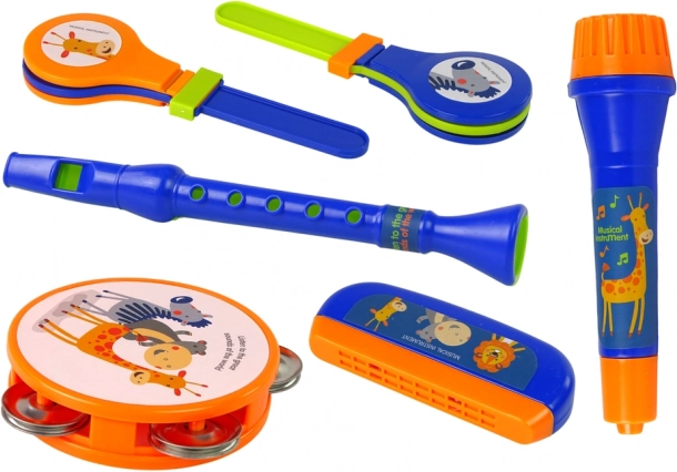Instrumente muzicale pentru copii - Set tobă, tamburină, fluier, zornăitoare, armonică, animale