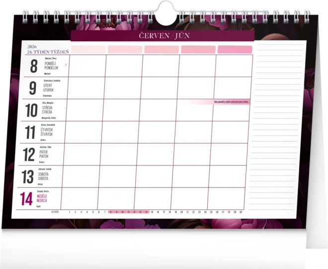 Calendar săptămânal de planificare Flori mov 2026, 30 x 21 cm