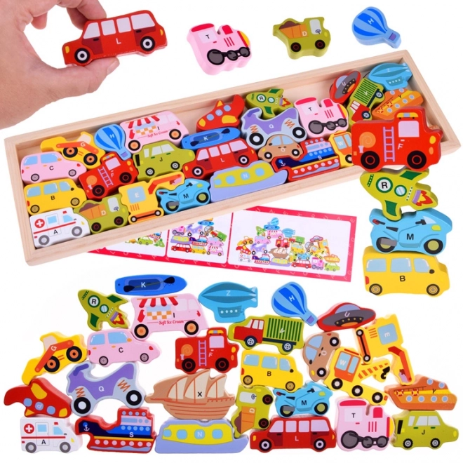 Set mare de vehicule din lemn cu alfabet