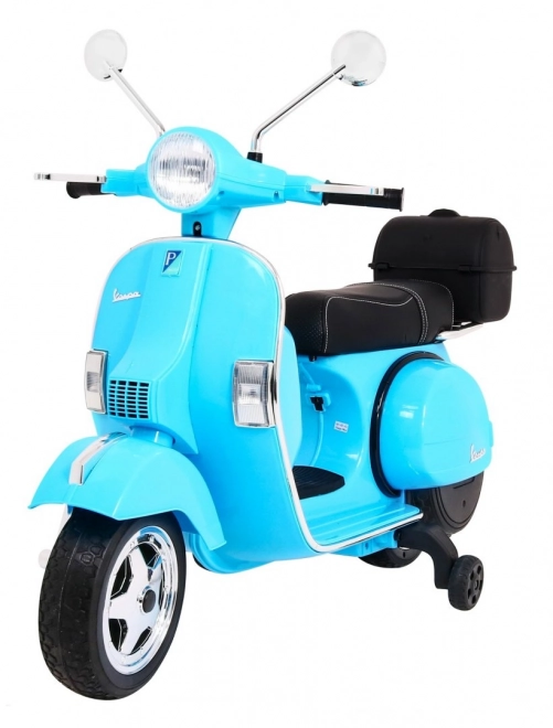 Skuter electric copii Vespa albastru cu roți ajutătoare și audio