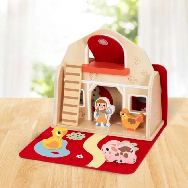 Tooky Toy Ferma din lemn pliabilă cu figurine de animale