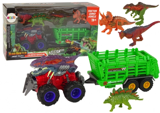 Mașinuță cu Tematică Dinozaur cu Remorcă și 4 Dinozauri
