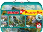 Puzzle pentru copii Dinozauri 4 în 1 în valiză de tablă
