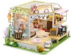 Căsuță miniaturală Cafenea pentru pisici cu grădină – kit DIY cu LED