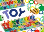 Joc educativ din lemn 3‑în‑1: sorter, abac și pescuit magnetic
